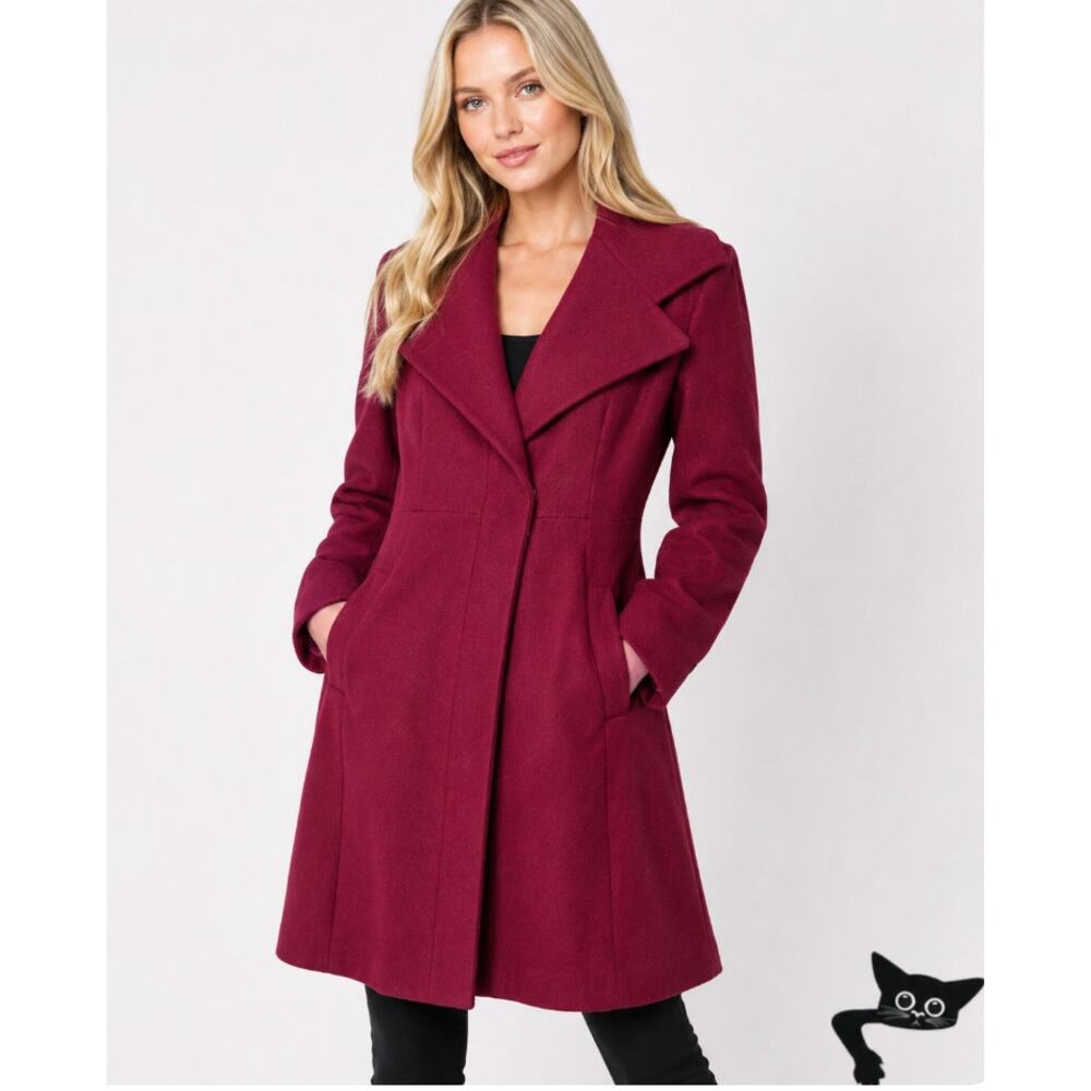 Mossimo Burgundy Red Wool Fitted Long Line Front two Button Coat Welt Pockets XS - Picture 4 of 13